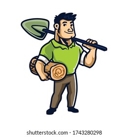 Cartoon Tree Cuting And Hauling Guy Mascot logo