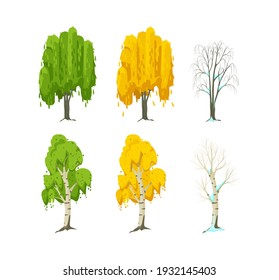 Cartoon tree at different times of year. Birch and willow seasonal tree for game scenes. Green planting trees for garden forest park. Three seasons summer, autumn, winter cartoon isolated vector