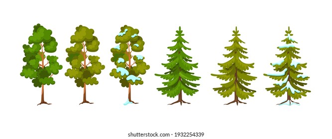 Cartoon tree at different times of year. Pine and spruce seasonal tree for game scenes. Green planting trees for garden forest park. Three seasons summer, autumn, winter cartoon isolated vector