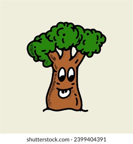 Cartoon tree with a face and two heads of broccoli. This playful and whimsical illustration is perfect for children's book illustrations, educational materials, and healthy eating promotional material