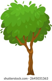 Cartoon tree featuring lush green foliage and a sturdy brown trunk, creating a vibrant and whimsical nature illustration set against a clean white backdrop, perfect for various design projects