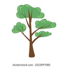 Cartoon tree. Forest, vibrant leaves, trunk. Perfect for children's designs, nature-themed projects, educational materials. Vector flat design isolated on white background