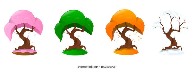 Árbol de dibujos animados en cuatro estaciones sobre fondo blanco. Cuatro estaciones primavera, verano, otoño, banners de invierno. Ilustración vectorial.
