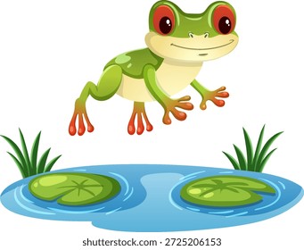 Cartoon Baum Frosch springt über Teich, helle Farben, sauberer Vektorstil, weißer Hintergrund