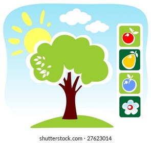 Cartoon tree and fruit set on a blue sky background.
