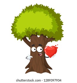 cartoon tree with green foliage character mascot keeps the heart on white background