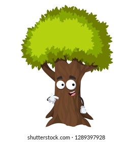 cartoon tree with green foliage mascot showing himself on a white background isolated