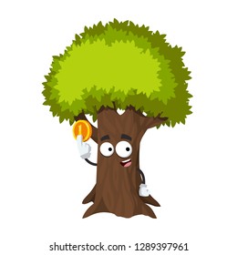 cartoon tree with green foliage mascot keeps the coin on white background isolated