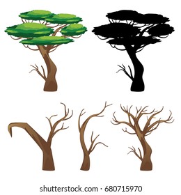 Cartoon tree with green leafage and black silhouette.