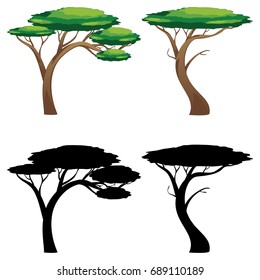 Cartoon tree with green leafage and black silhouette.
