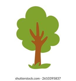 A cartoon tree with green leaves and brown trunk. The tree is standing in a grassy field