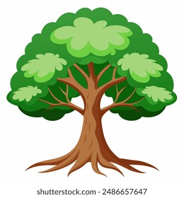 A cartoon tree with green leaves and roots on white background