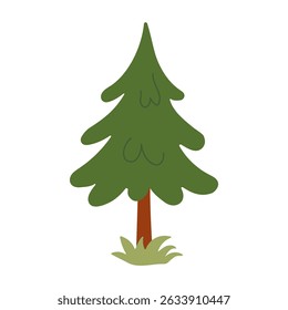 A cartoon tree with a green trunk and brown leaves. The tree is standing in a field of grass