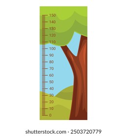 Cartoon tree growing next to height measurement scale isolated on white background