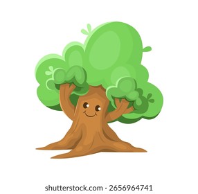 Cartoon tree with a happy face and green foliage, ideal for kids content, nature themes, or educational materials.