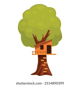 Cartoon tree house with brown wooden walls and roof standing high on green tree trunk with staircase leading to terrace for playing, resting and having fun
