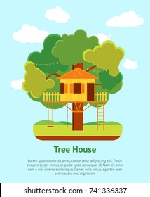 Cartoon Tree House Card Poster Outdoor Summer Kid Home Flat Design Style. Vector illustration