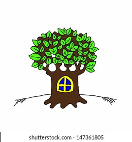 A cartoon tree house with green leaves. 