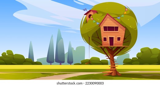 Cartoon tree house in green park under blue sunny sky. Vector illustration of cozy wooden hut with ladder and bungee hanging on rope. Playground for children to play and have fun. Summer holidays