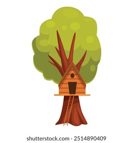 Cartoon tree house with ladder and green leaves, perfect for topics like childhood, nature, imagination, etc