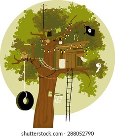 Cartoon tree house with a pirate flag, tire swing, basketball ring, telescope, cuckoo clock, clothes line and weather vane, no transparencies, EPS 8