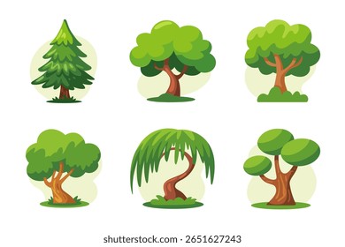Cartoon tree icon set, various green trees, nature illustration, forest elements, landscape design, modern vector collection