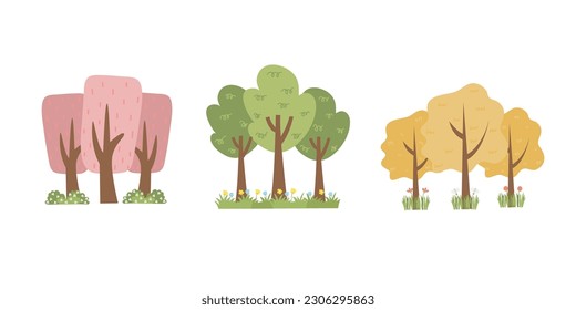 Árbol de dibujos aislados en un fondo blanco. Un estilo sencillo y moderno. Plantas verdes, bosque, ilustración plana vectorial. verano, árboles primaverales.