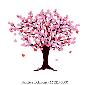 Cartoon tree of love with red hearts and  pink blossom isolated on the white background. Vector illustration for Valentine's Day card, decorate wall, romantic holiday, logo, flyer design. eps 10.
