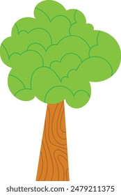 Árbol de dibujos animados frondoso follaje verde tronco marrón aislado fondo blanco. Simple Ilustración vectorial de árbol verde adecuado para niños libros material educativo. Conceptos ecológicos de iconos de diseño plano deciduo