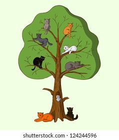 The cartoon tree with nine cats of different color sitting on its branch