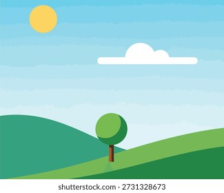 A cartoon tree on a green hill isolated on transparent background