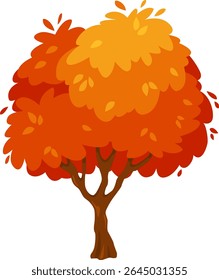 Cartoon tree with orange and red leaves representing fall foliage, isolated on white background, ideal for children book illustrations or nature related projects