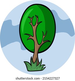 Cartoon tree with oval beautiful crown, cartoon cute tree for decoration and design, vector illustration on round blue background