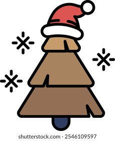 A cartoon tree with a red hat and a white snowflake on it. The tree is brown and has a red hat on top of it