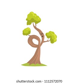 Cartoon Tree With Sad Face Expression. Humanized Plant With Green Foliage. Natural Element For Forest Landscape. Flat Vector Design
