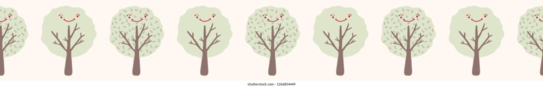 Cartoon tree seamless vector border. Hand drawn woodland with adorable smiling happy face.  Deciduous summer forest banner edging. Cute scandi kids nature doodle.