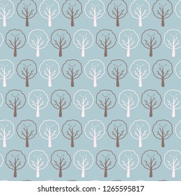 Cartoon tree seamless vector pattern. Hand drawn woodland with adorable smiling happy face.  Deciduous summer forest . Cute kids nature doodle.
