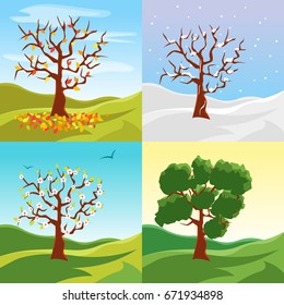 Cartoon Tree Seasons Set on a Nature Landscape Background Summer, Spring, Winter and Autumn Environment Scene. Vector illustration