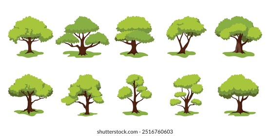 The cartoon tree set, collection of trees image with dense green leaves, natural tree plant design element for forest or garden