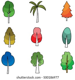 Cartoon tree set on doodles vectorr illustration