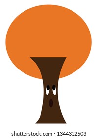 A cartoon of a tree with a shocked expression having orange leaves vector color drawing or illustration