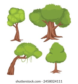 Cartoon tree. Simple flat forest flora, coniferous and deciduous meadow trees, oak pine Christmas tree isolated plants. Vector set illustration agricultural garden and nature park plant