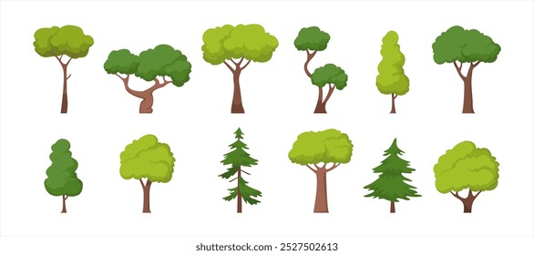 Cartoon tree. Simple flat forest flora, coniferous and deciduous meadow trees, oak pine Christmas tree isolated plants. Vector set illustration agricultural garden and nature park plant. Illustration 