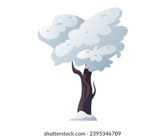 Cartoon tree with a snow-covered crown, white cold snowdrift. Vector isolated winter illustration.