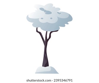 Cartoon tree with a snow-covered crown, white cold snowdrift. Vector isolated winter illustration.
