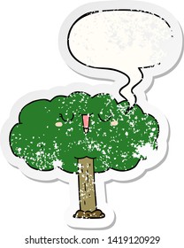 cartoon tree with speech bubble distressed distressed old sticker