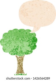 árbol de dibujos animados con burbuja de habla en un estilo retro grunge angustiado