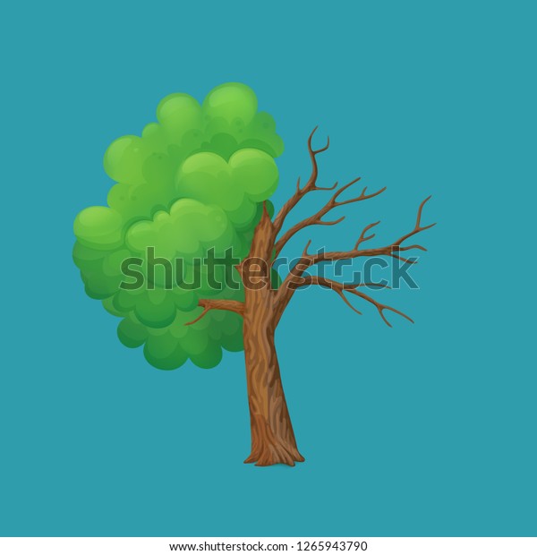 Cartoon tree split\
in half isolated on a blue background. Part with lush green leaves\
and dry, leafless\
part.