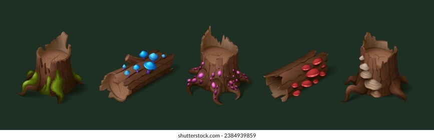 Cartoon tree stump and log with moss and fantasy bright glowing mushrooms for game ui. Vector illustration set of brown wood trunks with sprout, fungus and lichen on bark for forest gui design.