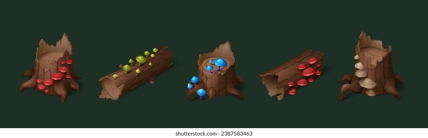 Cartoon tree stump and log with moss and fantasy bright glowing mushrooms for game ui. Vector illustration set of brown wood trunks with sprout, fungus on bark for forest gui design.